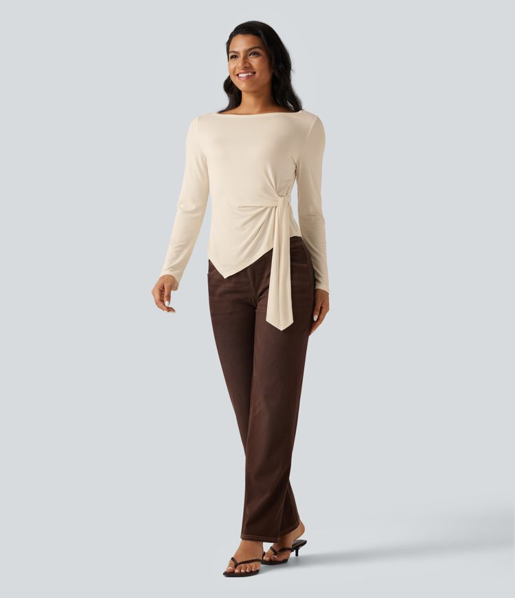Boat Neck Long Sleeve Tie Side Asymmetric Hem Casual T-Shirt