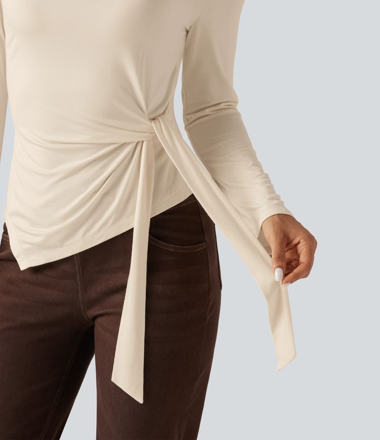 Boat Neck Long Sleeve Tie Side Asymmetric Hem Casual T-Shirt