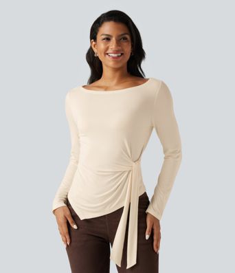 Boat Neck Long Sleeve Tie Side Asymmetric Hem Casual T-Shirt