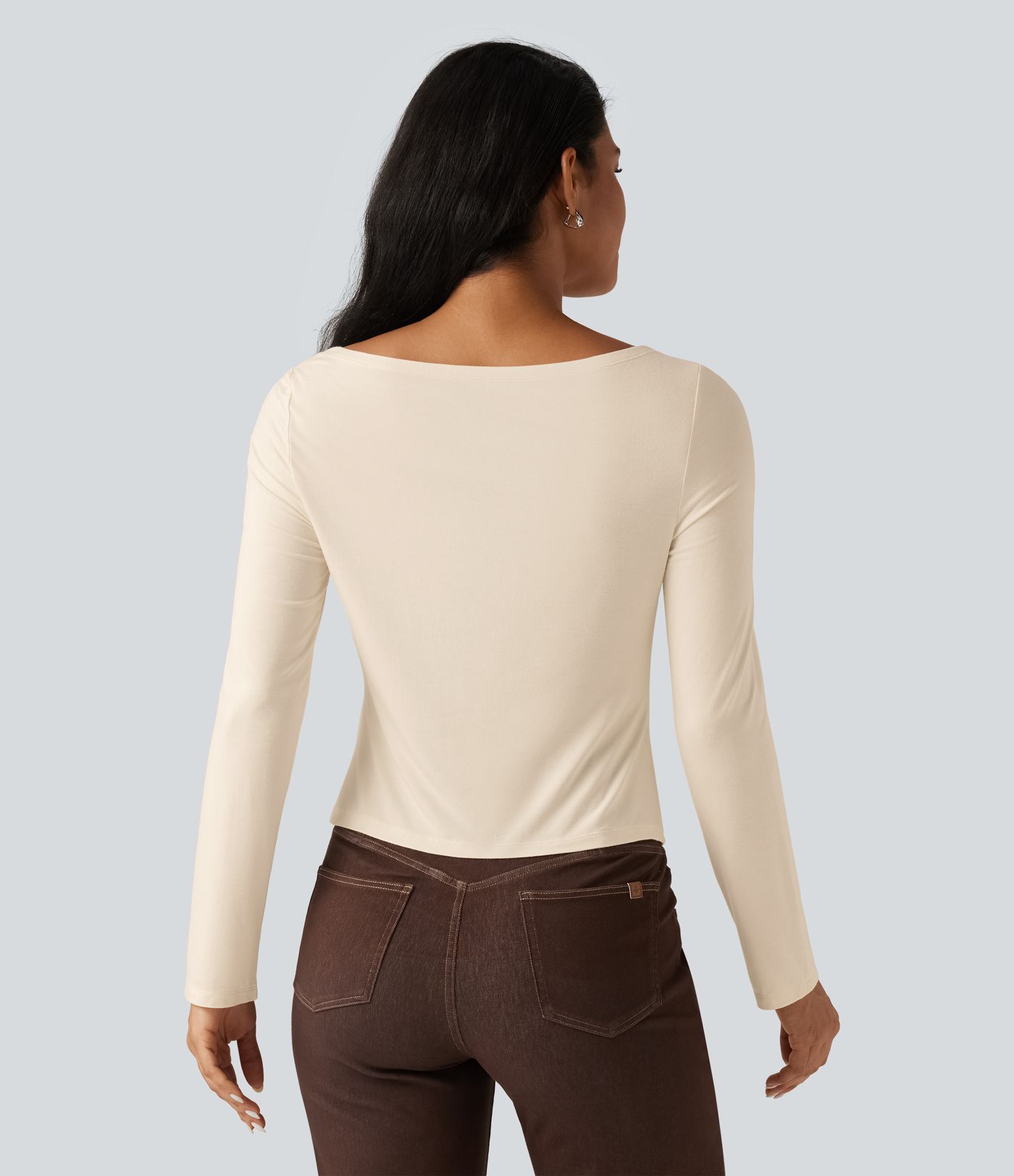 Boat Neck Long Sleeve Tie Side Asymmetric Hem Casual T-Shirt