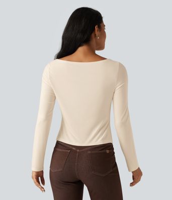 Boat Neck Long Sleeve Tie Side Asymmetric Hem Casual T-Shirt