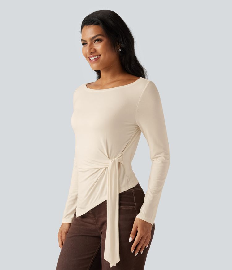 Boat Neck Long Sleeve Tie Side Asymmetric Hem Casual T-Shirt