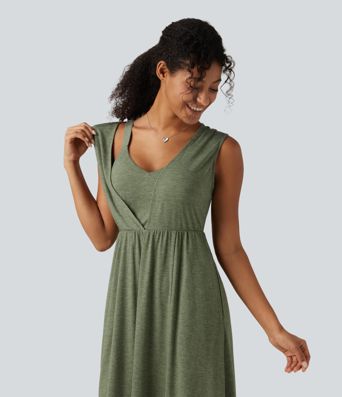 V Neck Sleeveless Split Midi Casual Dress with Pockets