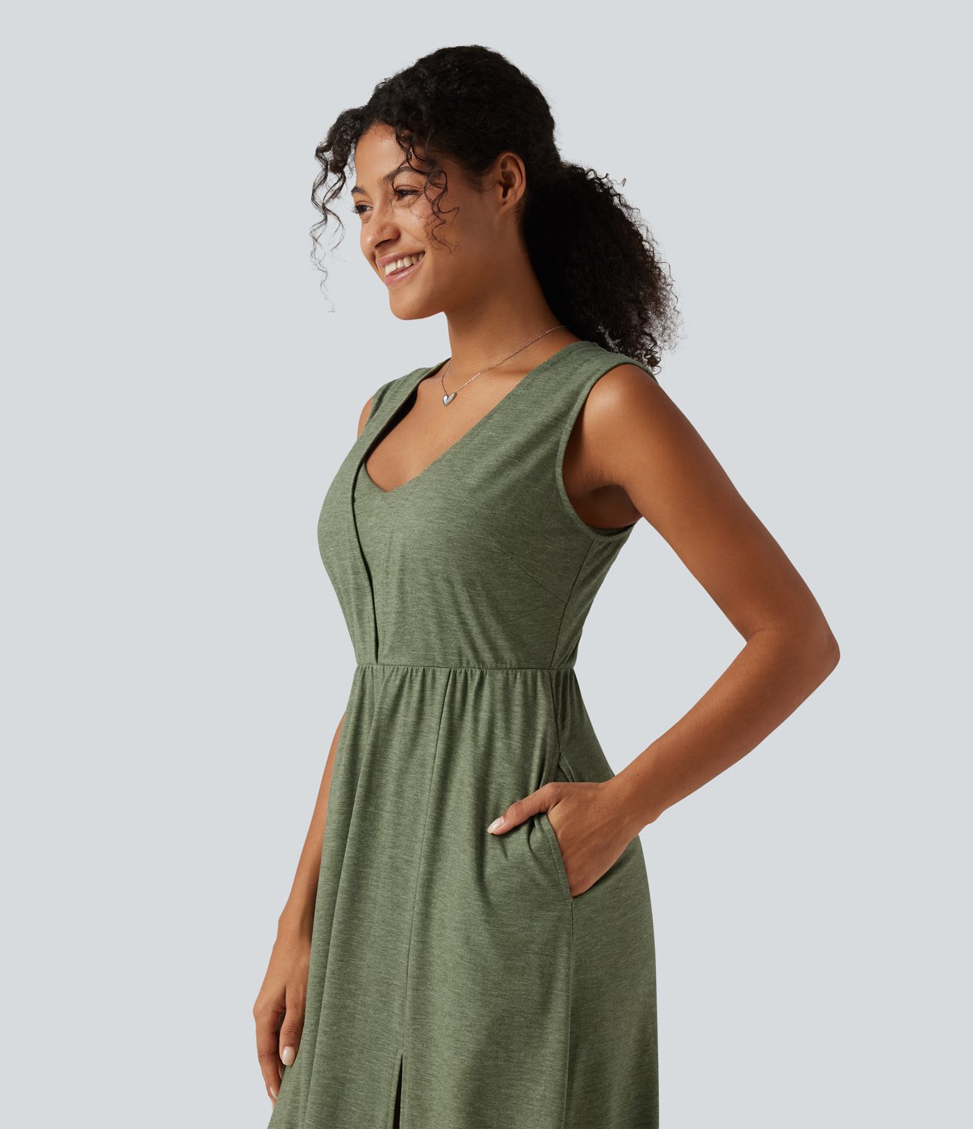 V Neck Sleeveless Split Midi Casual Dress with Pockets