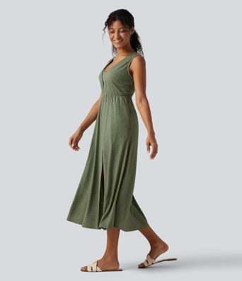 V Neck Sleeveless Split Midi Casual Dress with Pockets