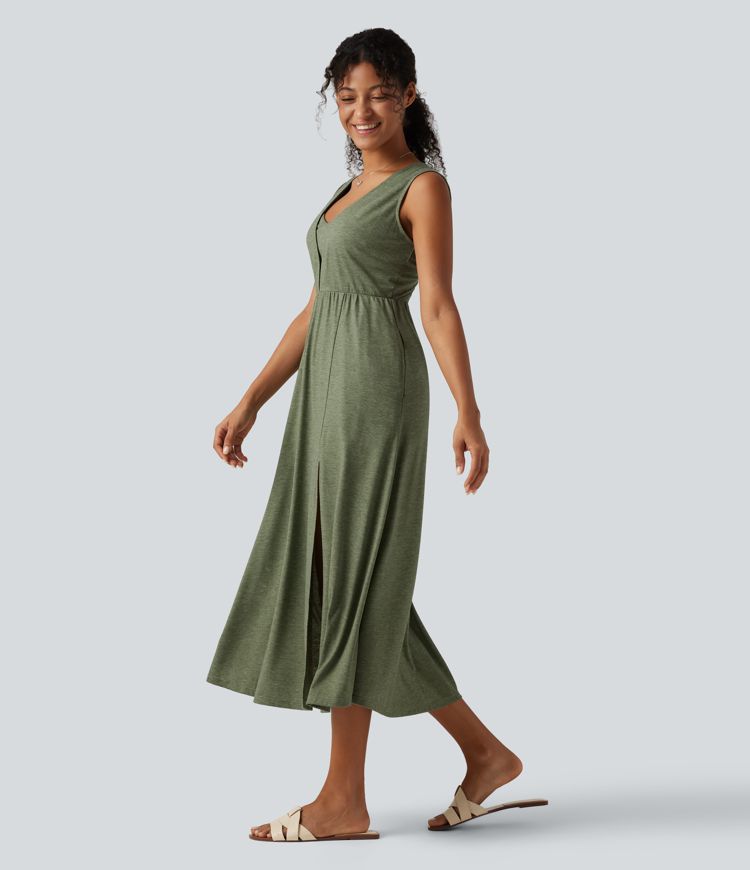 V Neck Sleeveless Split Midi Casual Dress with Pockets