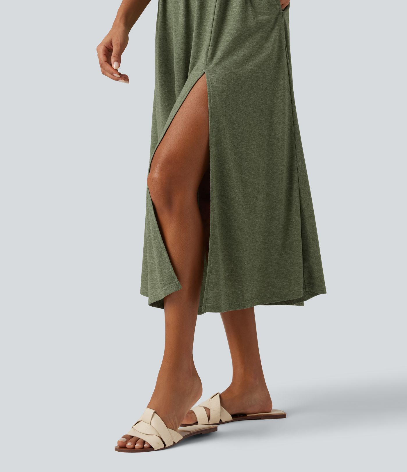 V Neck Sleeveless Split Midi Casual Dress with Pockets