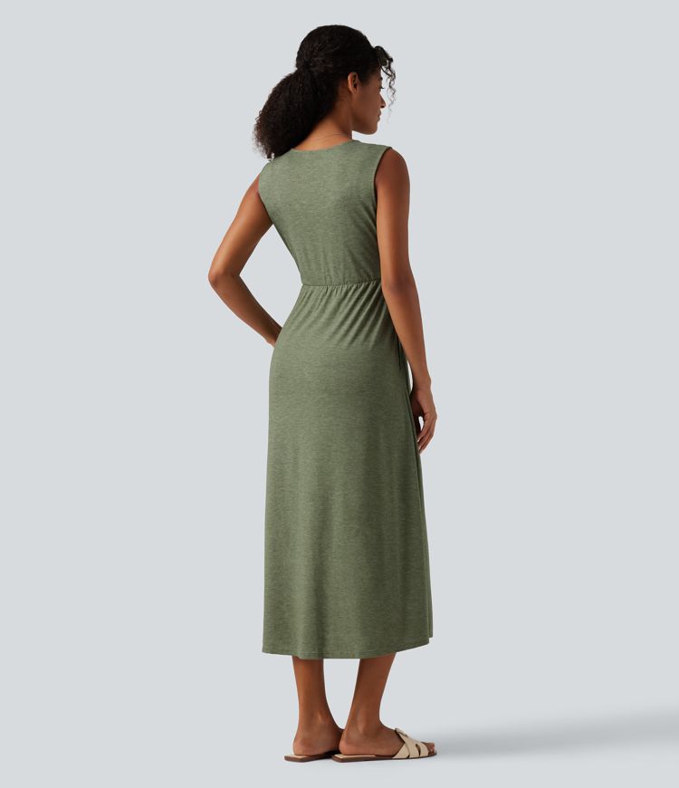 V Neck Sleeveless Split Midi Casual Dress with Pockets