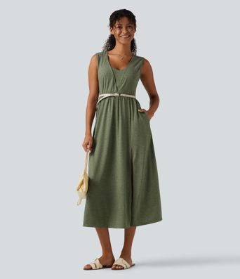 V Neck Sleeveless Split Midi Casual Dress with Pockets