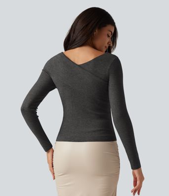 V Neck Long Sleeve Crossover Thumb Hole Casual Sweater V Neck Long Sleeve Crossover Thumb Hole Casual Sweater