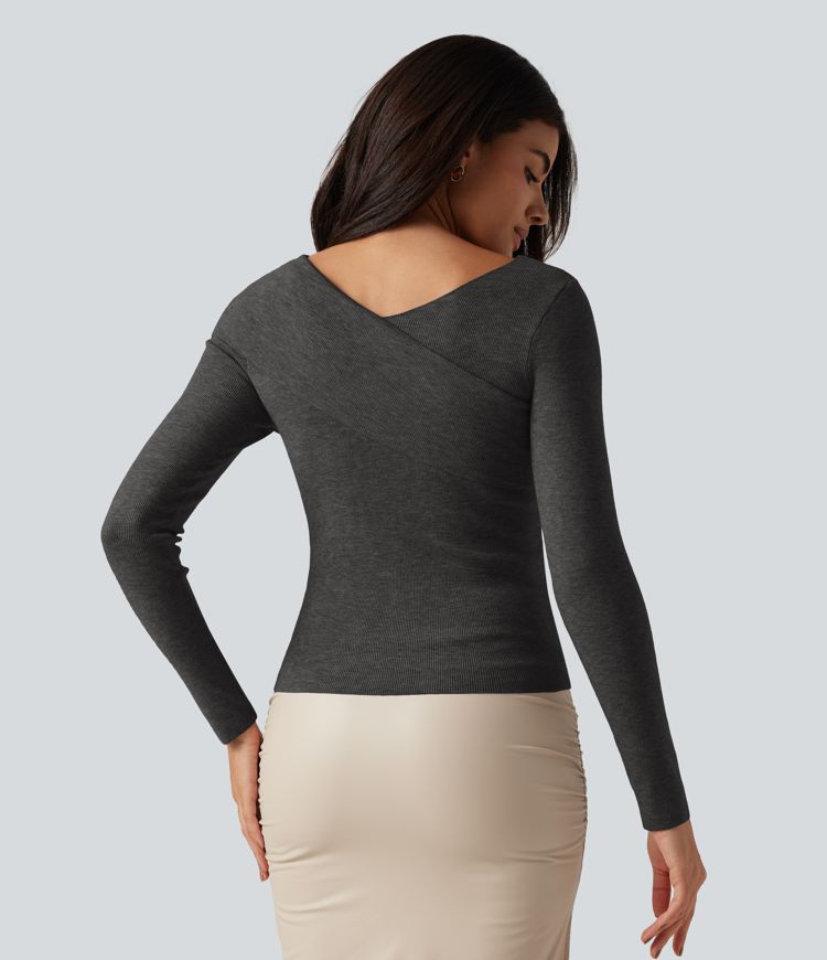 V Neck Long Sleeve Crossover Thumb Hole Casual Sweater V Neck Long Sleeve Crossover Thumb Hole Casual Sweater