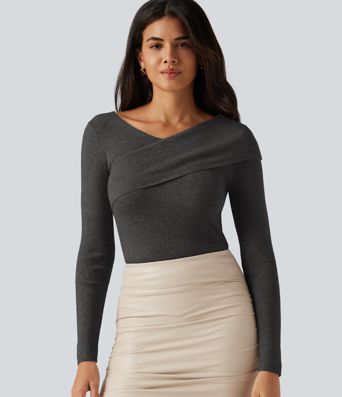 V Neck Long Sleeve Crossover Thumb Hole Casual Sweater V Neck Long Sleeve Crossover Thumb Hole Casual Sweater