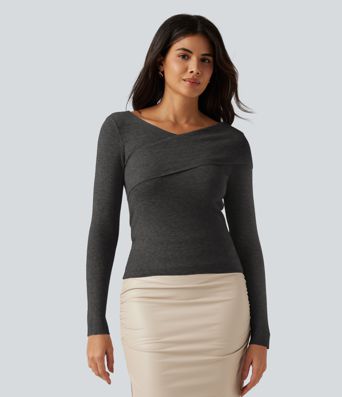 V Neck Long Sleeve Crossover Thumb Hole Casual Sweater V Neck Long Sleeve Crossover Thumb Hole Casual Sweater