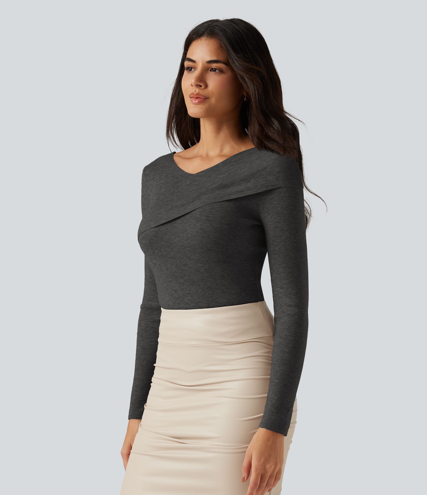 V Neck Long Sleeve Crossover Thumb Hole Casual Sweater V Neck Long Sleeve Crossover Thumb Hole Casual Sweater