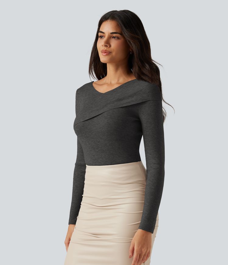 V Neck Long Sleeve Crossover Thumb Hole Casual Sweater V Neck Long Sleeve Crossover Thumb Hole Casual Sweater