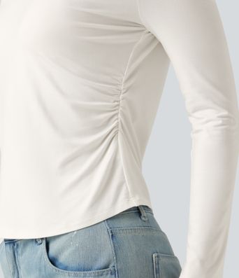 Square Neck Long Sleeve Contrast Lace Casual T-Shirt