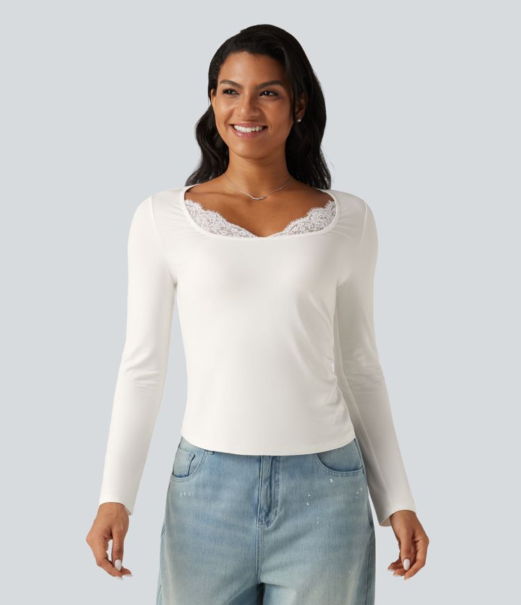 Square Neck Long Sleeve Contrast Lace Casual T-Shirt
