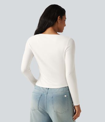Square Neck Long Sleeve Contrast Lace Casual T-Shirt