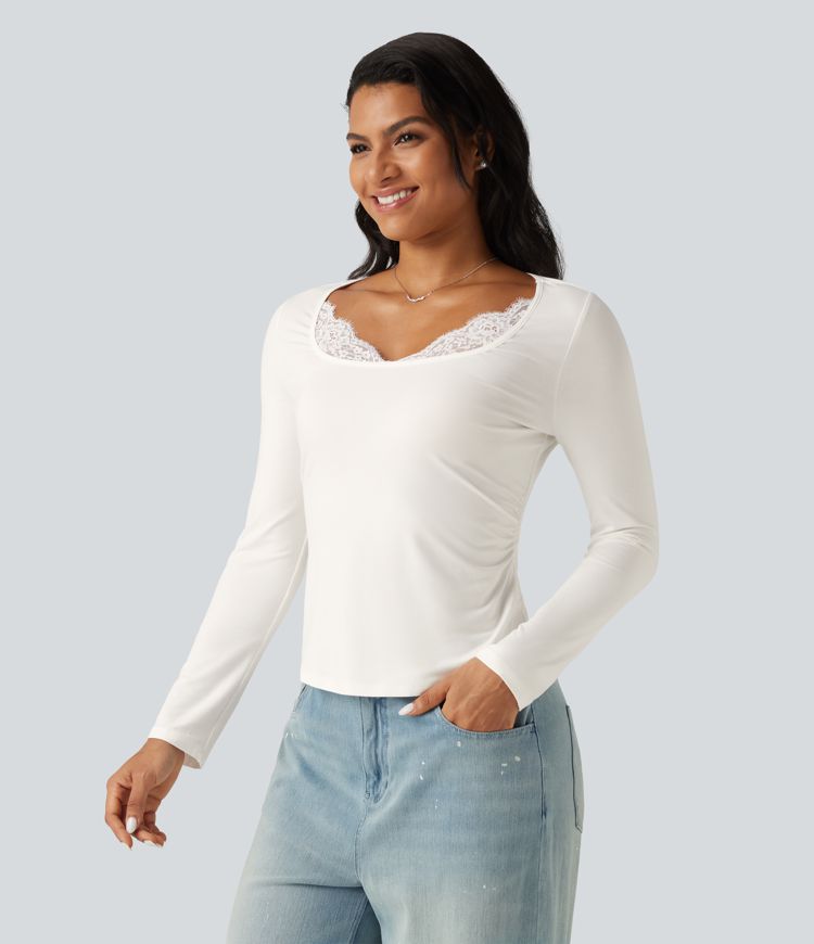 Square Neck Long Sleeve Contrast Lace Casual T-Shirt