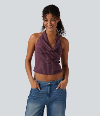 Halter Cowl Neck Stripe Casual Tank Top Halter Cowl Neck Stripe Casual Tank Top