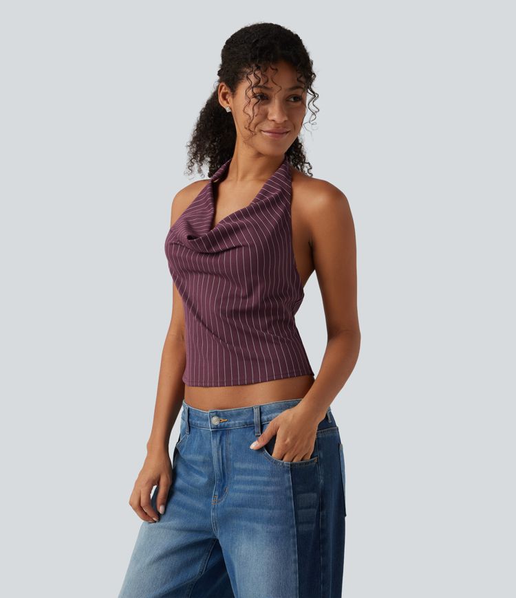 Halter Cowl Neck Stripe Casual Tank Top Halter Cowl Neck Stripe Casual Tank Top