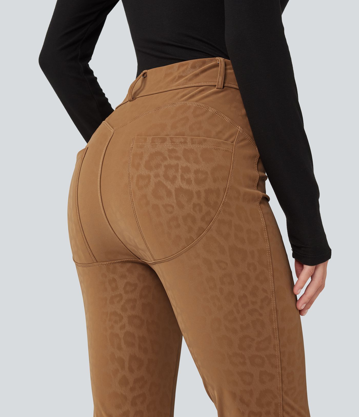 High Waisted Stretchy PU Leopard Print Fleece Casual Leggings with Pockets High Waisted Stretchy PU Leopard Print Fleece Casual Leggings with Pockets