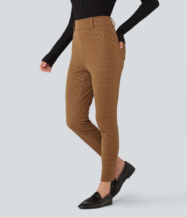 High Waisted Stretchy PU Leopard Print Fleece Casual Leggings with Pockets High Waisted Stretchy PU Leopard Print Fleece Casual Leggings with Pockets