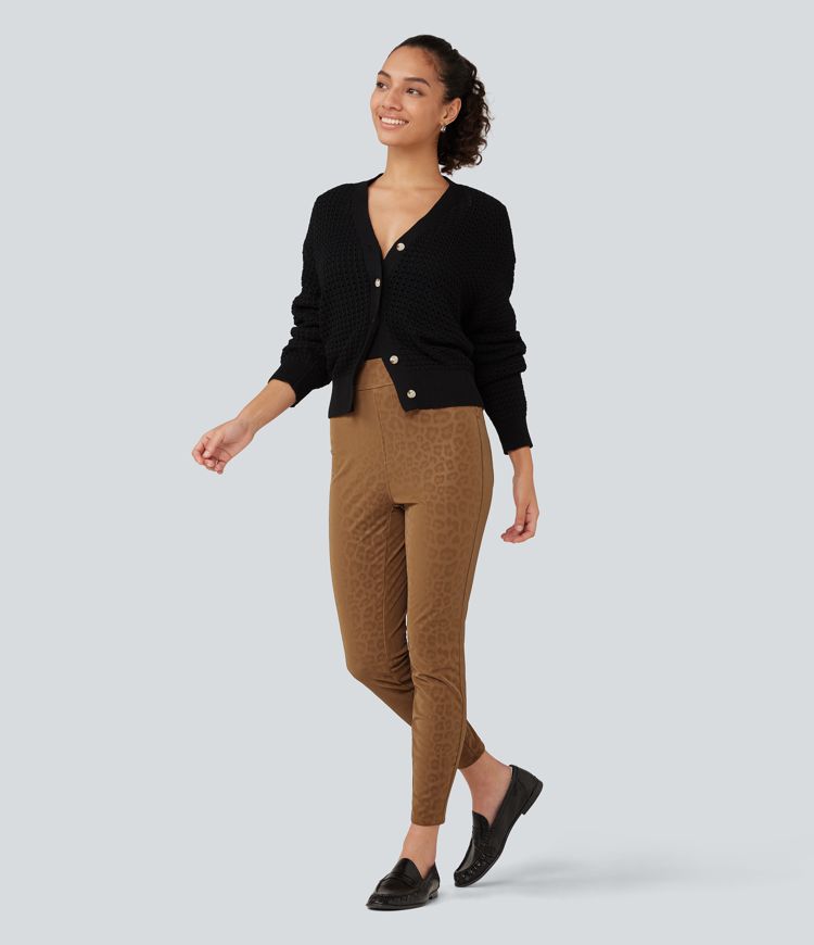 High Waisted Stretchy PU Leopard Print Fleece Casual Leggings with Pockets High Waisted Stretchy PU Leopard Print Fleece Casual Leggings with Pockets