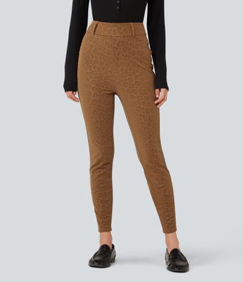 High Waisted Stretchy PU Leopard Print Fleece Casual Leggings with Pockets High Waisted Stretchy PU Leopard Print Fleece Casual Leggings with Pockets
