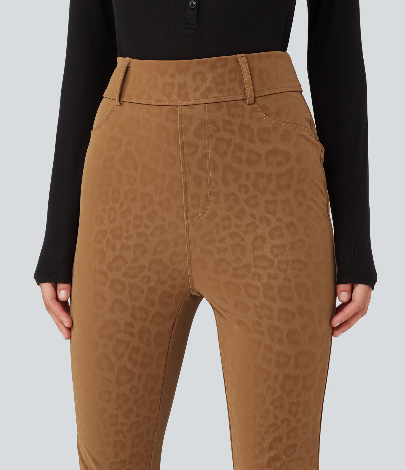 High Waisted Stretchy PU Leopard Print Fleece Casual Leggings with Pockets High Waisted Stretchy PU Leopard Print Fleece Casual Leggings with Pockets
