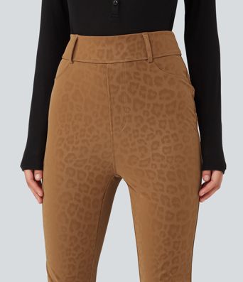 High Waisted Stretchy PU Leopard Print Fleece Casual Leggings with Pockets High Waisted Stretchy PU Leopard Print Fleece Casual Leggings with Pockets
