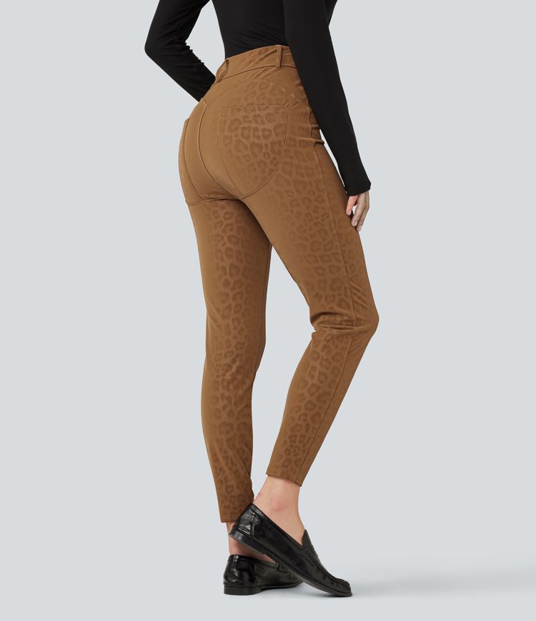 Legging taille haute en simili stretch imprimé léopard doublé polaire avec poches