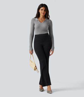 Lapel Long Sleeve Thumb Hole Work Sweater