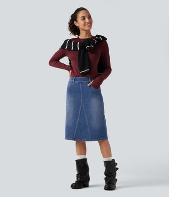 Halara Flex™ Mid Rise Denim Midi Casual Skirt with Pockets