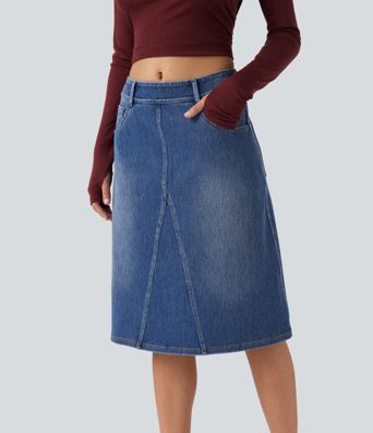 Halara Flex™ Mid Rise Denim Midi Casual Skirt with Pockets