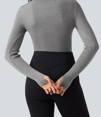 Lapel Long Sleeve Thumb Hole Work Sweater