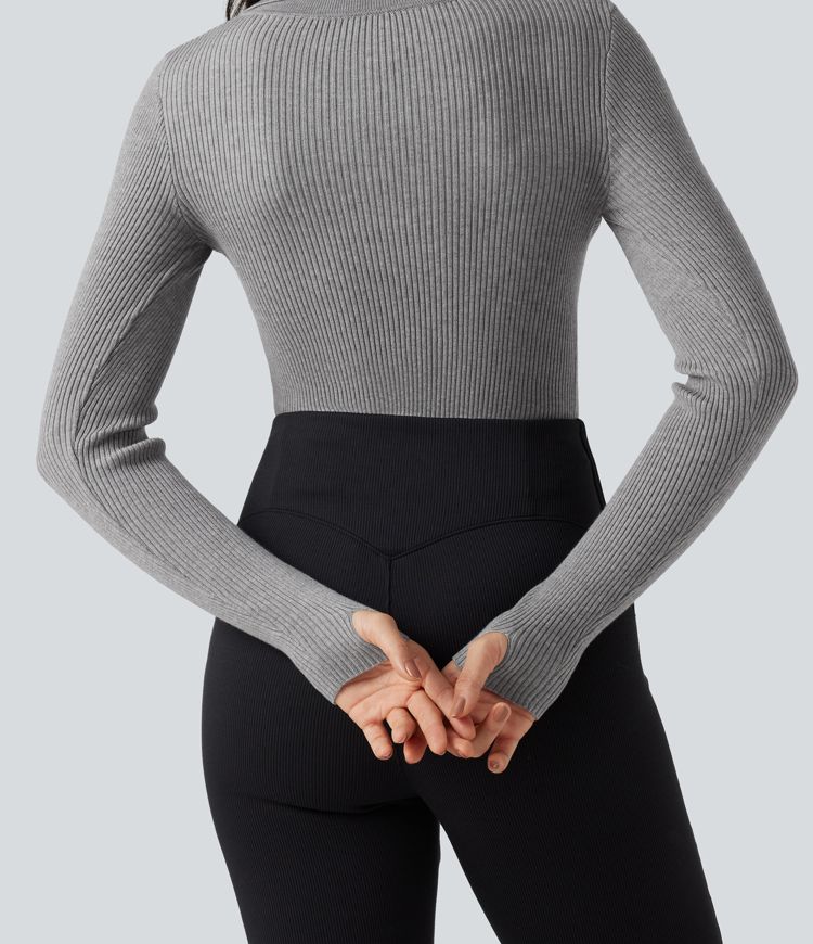 Lapel Long Sleeve Thumb Hole Work Sweater
