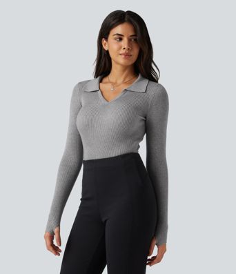Lapel Long Sleeve Thumb Hole Work Sweater