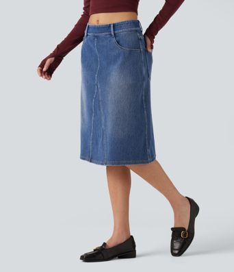 Halara Flex™ Mid Rise Denim Midi Casual Skirt with Pockets