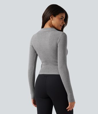 Lapel Long Sleeve Thumb Hole Work Sweater