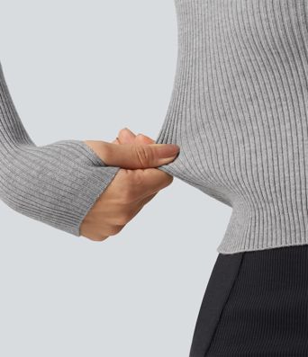 Lapel Long Sleeve Thumb Hole Work Sweater