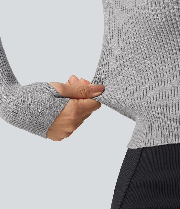 Lapel Long Sleeve Thumb Hole Work Sweater