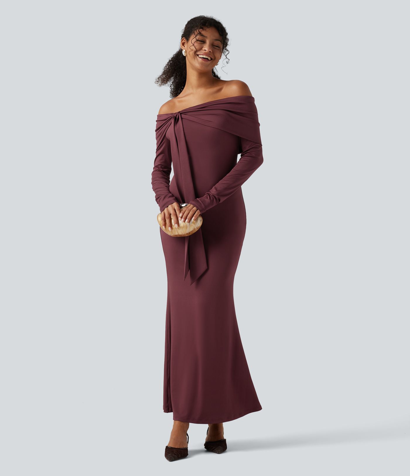 Off Shoulder Long Sleeve Ruched Built-in Bra Mermaid Maxi Dress 