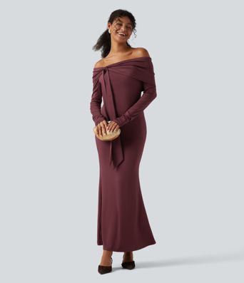 Off Shoulder Long Sleeve Ruched Built-in Bra Mermaid Maxi Dress 
