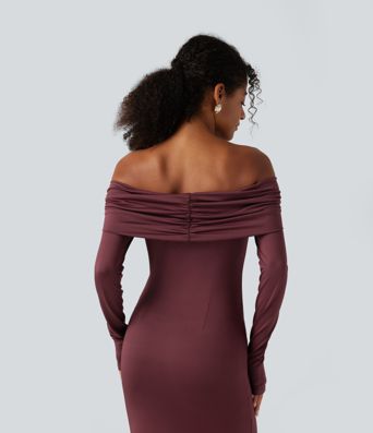 Off Shoulder Long Sleeve Ruched Built-in Bra Mermaid Maxi Dress 