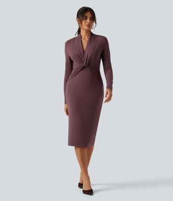 V Neck Long Sleeve Twisted Bodycon A-Line Midi Party Dress V Neck Long Sleeve Twisted Bodycon A-Line Midi Party Dress