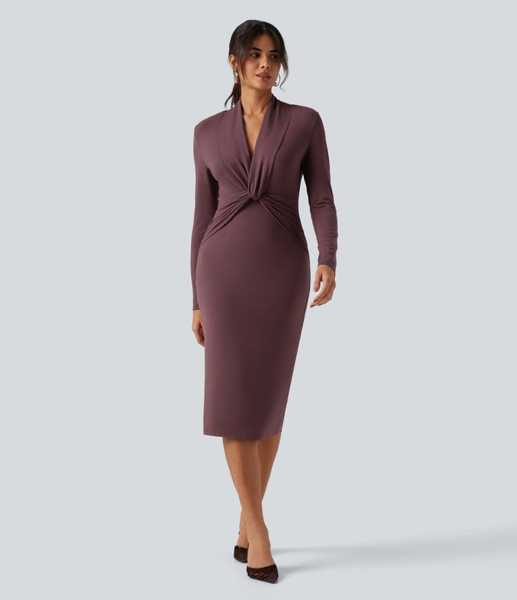 V Neck Long Sleeve Twisted Bodycon A-Line Midi Party Dress V Neck Long Sleeve Twisted Bodycon A-Line Midi Party Dress