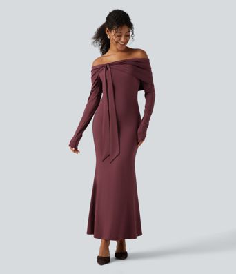 Off Shoulder Long Sleeve Ruched Built-in Bra Mermaid Maxi Dress 