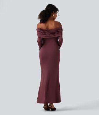 Off Shoulder Long Sleeve Ruched Built-in Bra Mermaid Maxi Dress 