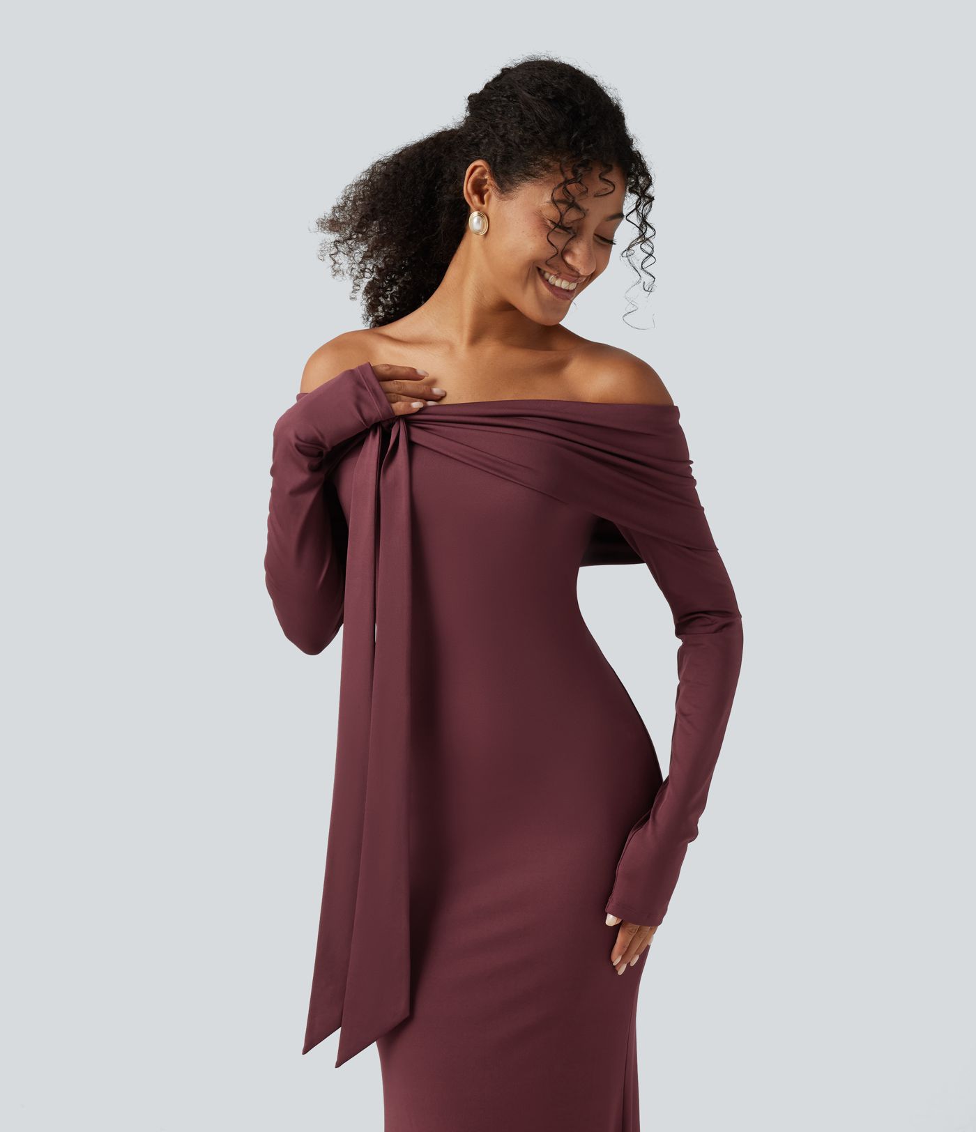 Off Shoulder Long Sleeve Ruched Built-in Bra Mermaid Maxi Dress 